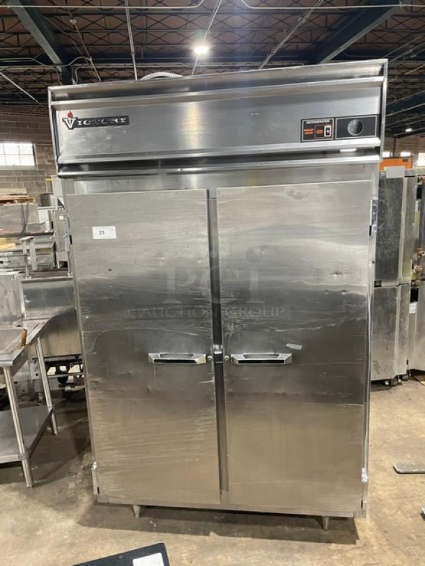 Victory Commercial Stainless Steel 2-Door Reach-In Refrigerator, Model RS2DS7, on legs, includes pan slides, SN: J0978460.