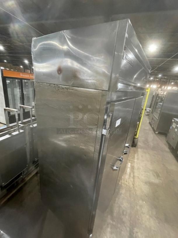 Victory RS2DS7 commercial stainless steel 2-door reach-in refrigerator with pan slides, shown on legs. Model: RS-2D-S7.