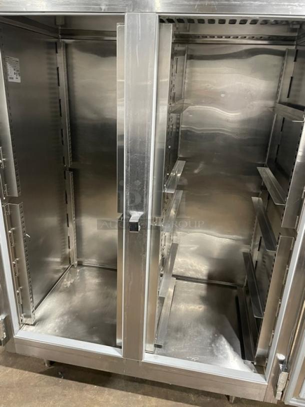 Victory Commercial Stainless Steel 2-Door Reach-In Refrigerator, Model RS-2D-S7, with pan slides, on legs, 115V, 1 phase.