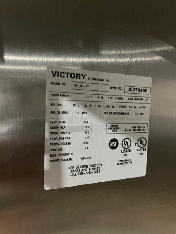 Victory commercial stainless steel 2-door reach-in refrigerator, model RS-2D-S7, with pan slides, SN J0978460, 115V 1 phase.