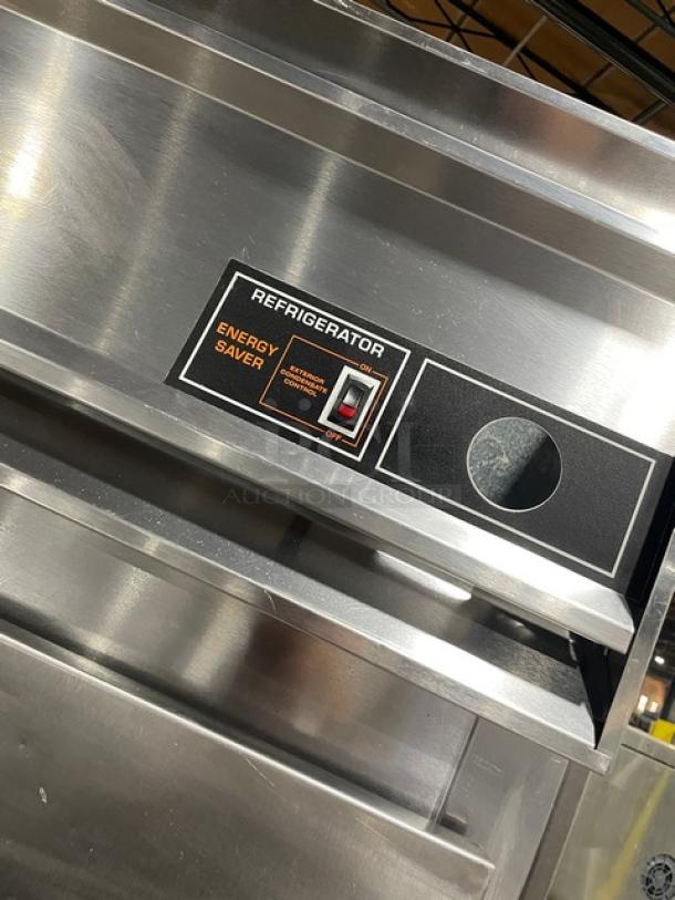 Victory RS2DS7 Commercial 2-Door Refrigerator, stainless steel, with energy saver feature, model label visible.