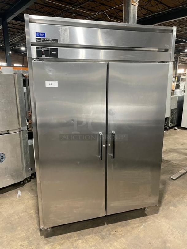 Glenco Guardian XL-E series stainless steel 2-door commercial refrigerator, Model ALA-48-TE, on legs, with poly coated wire rack.