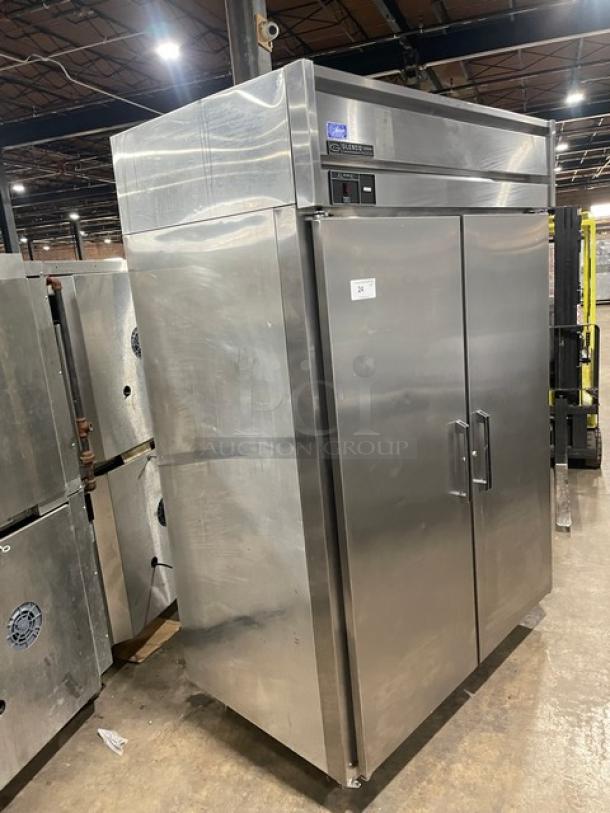 Glenco Guardian XL-E Series commercial stainless steel 2-door reach-in refrigerator, model ALA-48-TE, with poly-coated wired rack, on legs.