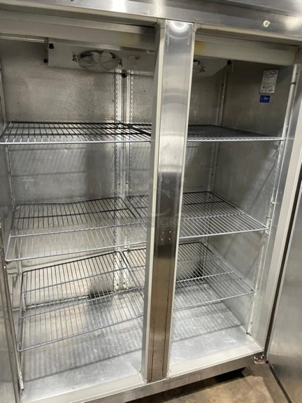 Glenco Guardian XL-E Series stainless steel 2-door reach-in refrigerator, model ALA48TE, with poly-coated wire racks.