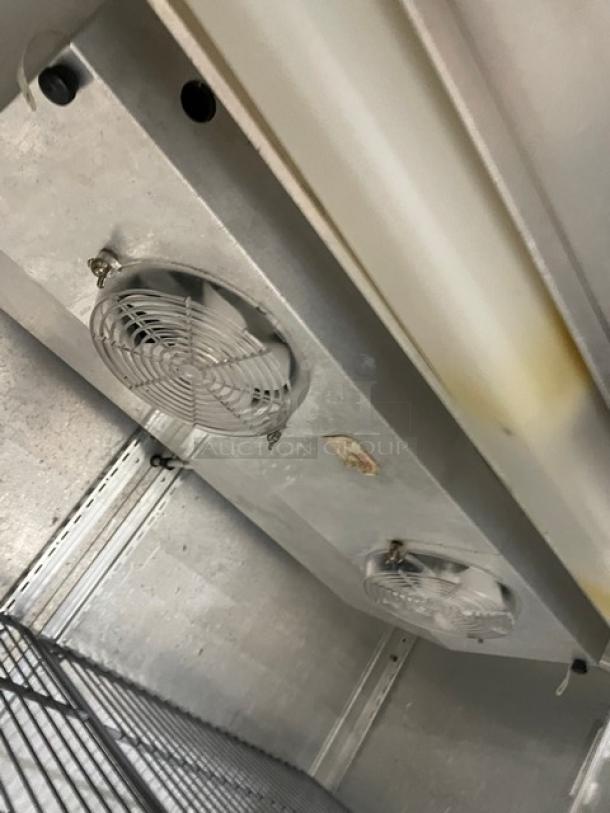 Glenco Guardian XL-E Series refrigerator interior with fans and poly-coated wire rack. Model ALA-48-TE, 115V, on legs.