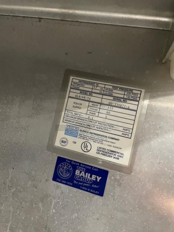 Glenco Guardian XL-E Series 2-door refrigerator label, model ALA-48-TE, SN: GG-339877-A. 115V, 1 phase, NSF certified.