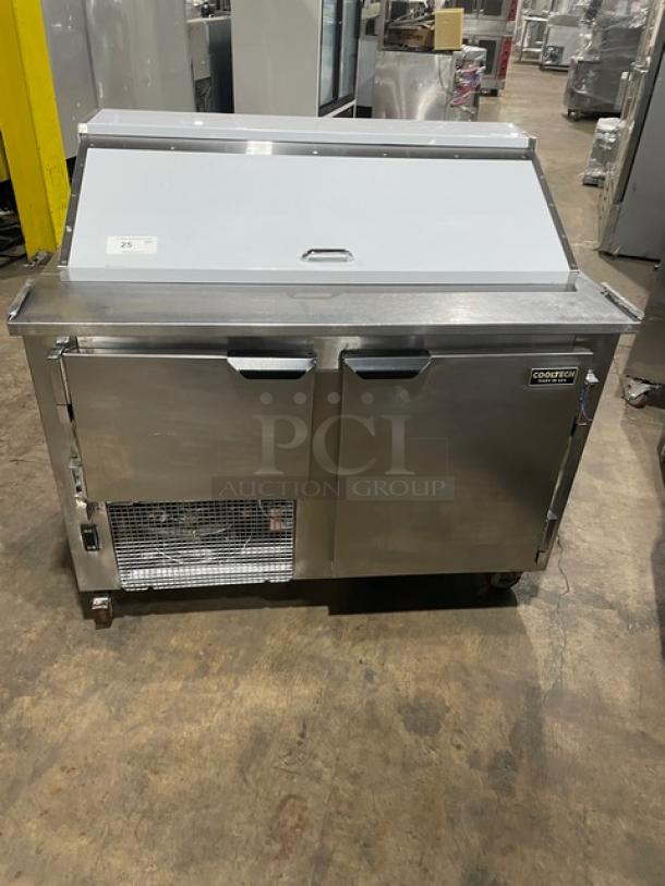 CoolTech 2018 CMPH-48BMO stainless steel 2-door refrigerated prep table, chrome wire rack, on casters, excellent condition.
