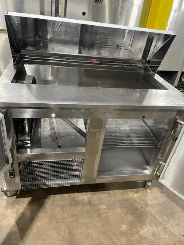 CoolTech 2018 stainless steel 2-door refrigerated bain marie prep table, model CMPH48BMO, with chrome wire rack, on casters.