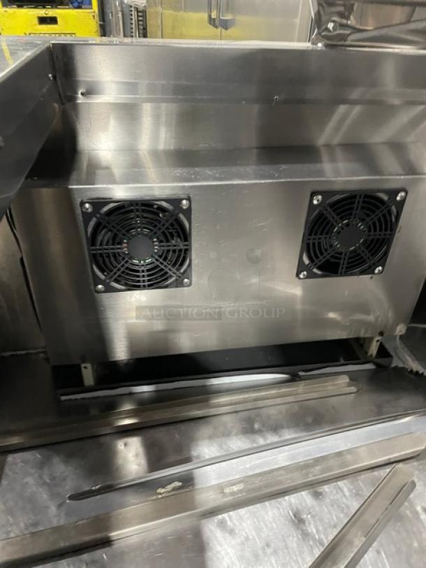 CoolTech 2018 stainless steel 2-door prep table, model CMPH-48BMO, with fans, chrome wire rack, and casters, 120V.