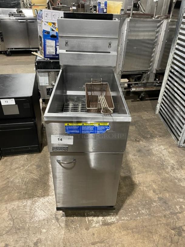 Pitco Frialator 40D commercial deep fat fryer, stainless steel, natural gas, 40 lb. capacity, with backsplash, basket hanger, fry basket, on legs.