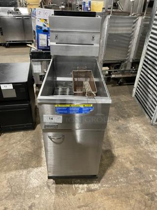 Pitco Frialator 40D commercial deep fat fryer, stainless steel, natural gas, 40 lb. capacity, with backsplash, basket hanger, fry basket, on legs.