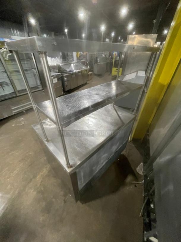 Leader ESLB48S/C stainless steel 2-door lowboy worktop refrigerator with double overhead shelf, on casters, 115V 1 phase.