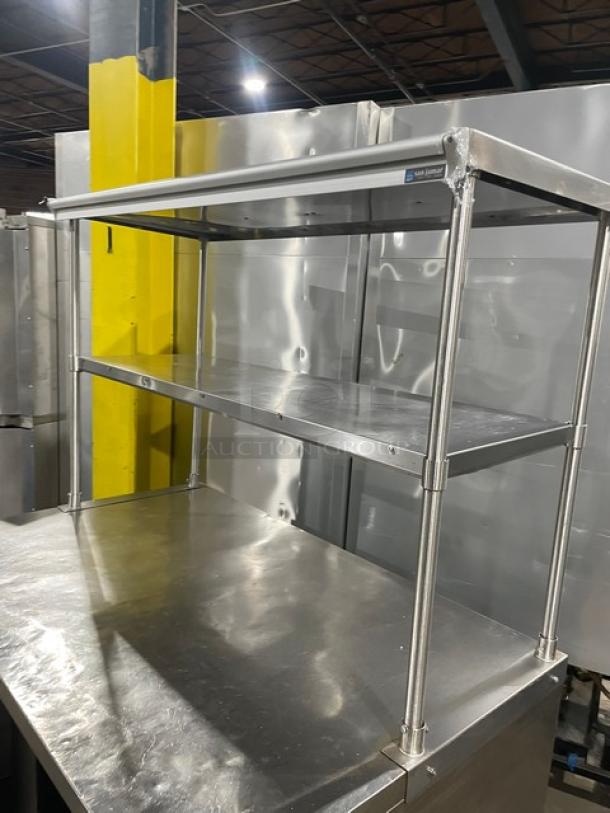 Leader Commercial Stainless Steel 2-Door Lowboy Worktop Refrigerator, Model ESLB48SC, with double overhead shelf, on casters.