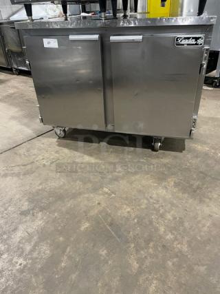 Leader Commercial Stainless Steel 2 Door Undercounter Worktop Refrigerator! With Poly Coated Wired Rack! Model: NSFB48S/C SN: NH070568! 115V 1 Phase! On Casters! - Item #1207721
