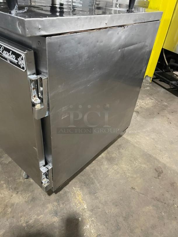 Leader Commercial Stainless Steel 2 Door Undercounter Refrigerator, Model NSFB48SC, on casters, with poly coated rack.