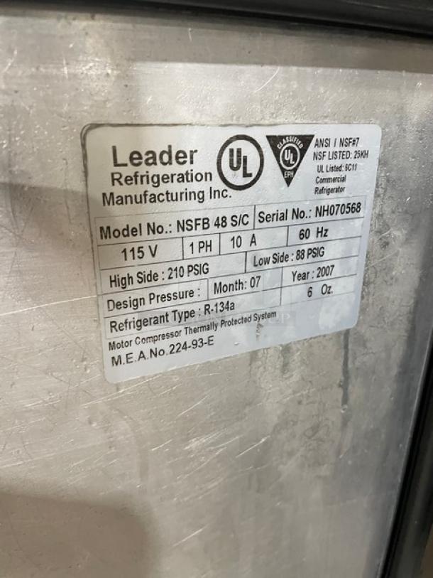 Leader stainless steel 2-door undercounter refrigerator, model NSFB48S/C, 115V, on casters, with poly-coated wire rack.
