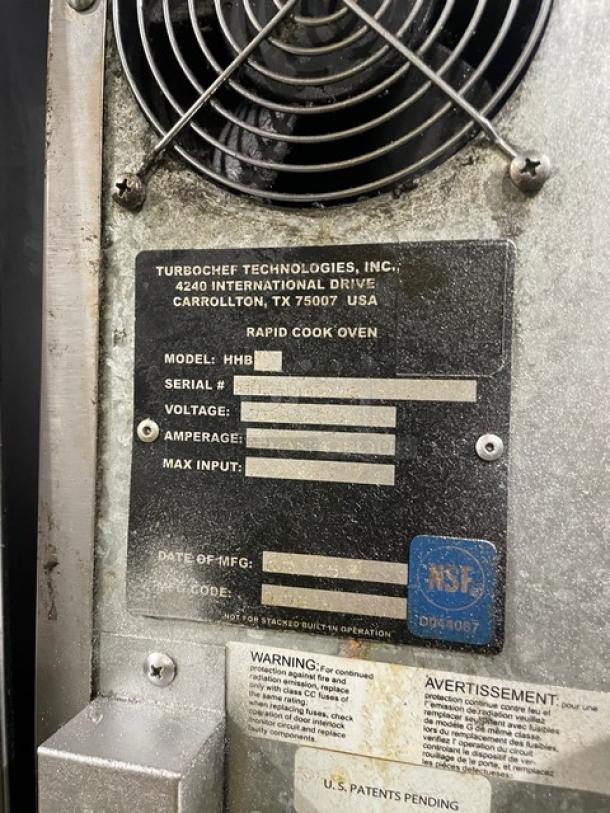 TurboChef HHB Rapid Cook Oven label with model, serial, voltage info, NSF certification, and manufacture details visible.