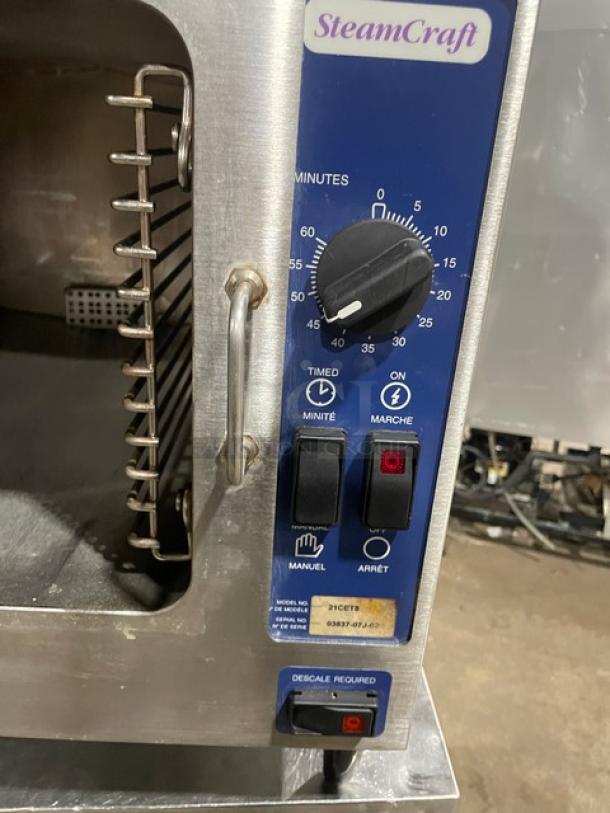 Cleveland Range 21CET8 SteamCraft 3-Pan Convection Steamer, stainless steel, electric, model details visible, on legs.