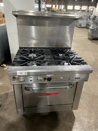 Southbend Commercial Stainless Steel Natural Gas Powered 4-Burner Range/Oven Combo! With Back Splash & Overhead Salamander Shelf! With Wired Oven Rack! Model: 4367D SN: 22F74625! On Legs! - Item #1207725
