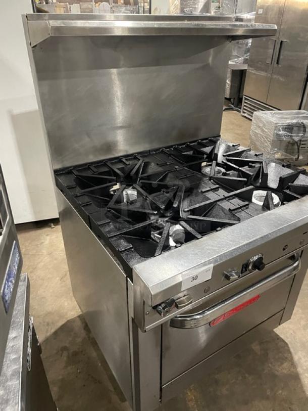 Southbend 4367D stainless steel 4-burner range/oven combo, natural gas, with backsplash, overhead salamander shelf, and wired oven rack.