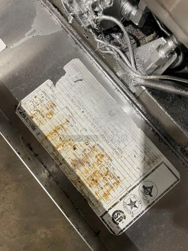 Southbend model 4367D label indicating commercial stainless steel oven details and specifications. Some wear visible.