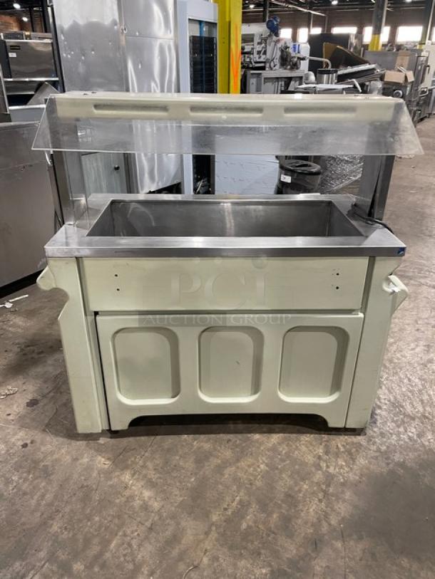 Custom stainless steel portable refrigerated salad bar with sneeze guard, folding tray slide, and casters. Suitable for commercial use.