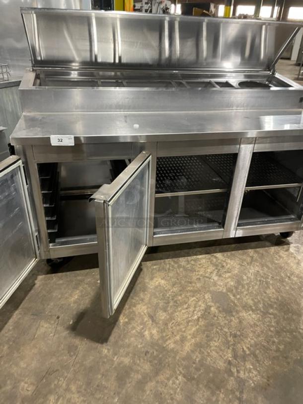 Marsal BM72R 3-door stainless steel bain marie pizza prep table, 72", built-in pan slides, shelving, 2015 model, on casters.