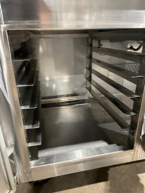 Marsal BM72R stainless steel refrigerated pizza prep table, 72" bain marie style, interior view, with built-in pan slides.