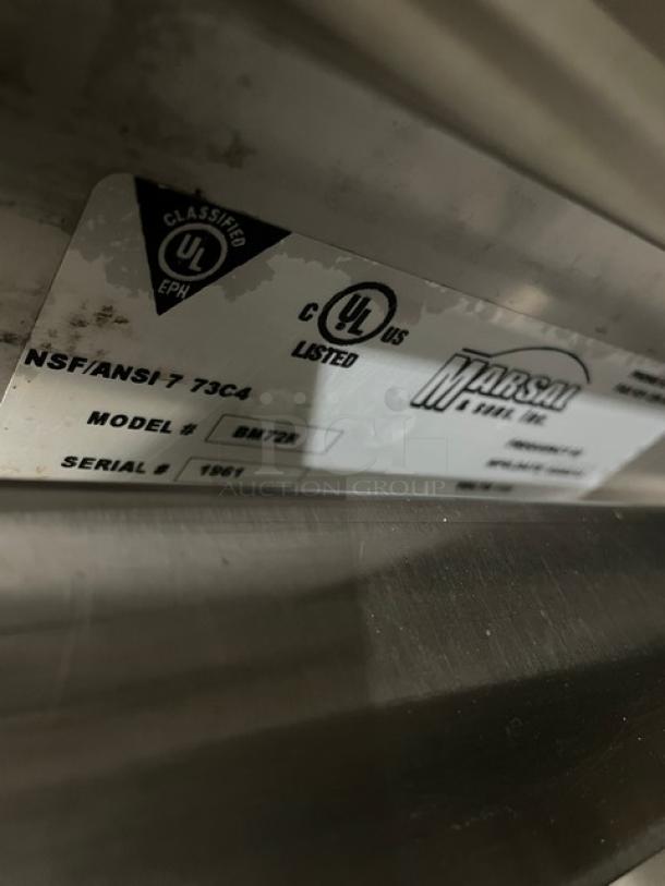 Stainless steel label showing Marsal model BM72R and serial number 1961. UL classified and listed information visible.