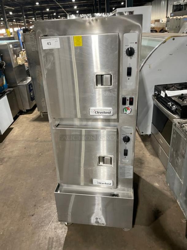 Cleveland Range SteamCraft Power-10 stainless steel dual compartment convection steamer, Model 24CGP10, natural gas, 10-pan capacity, with boiler base and individual controls.
