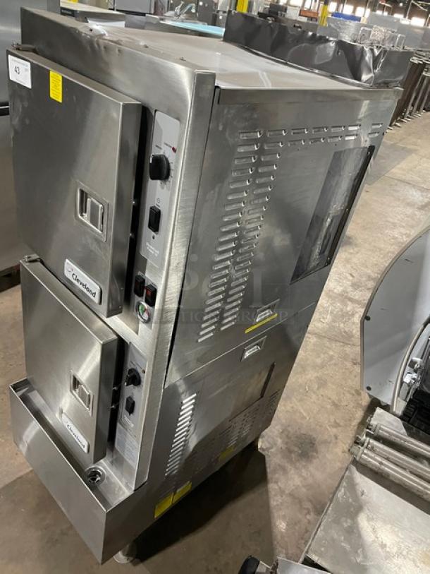 Cleveland Range SteamCraft Power-10 Series dual compartment 10-pan convection steamer, stainless steel, model 24CGP10, natural gas, boiler base, individual controls, built-in pan rack, on legs.