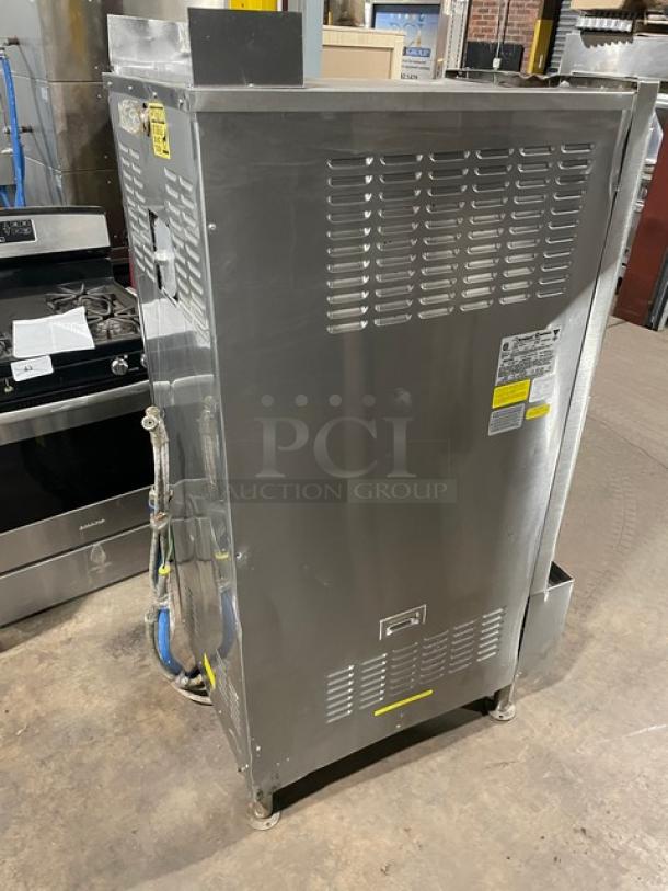Cleveland Range SteamCraft Power-10 Series 24CGP10 commercial dual compartment convection steamer, stainless steel, natural gas, on legs.