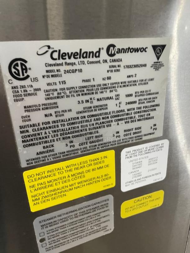 Cleveland Range SteamCraft Power-10 Series convection steamer label, model 24CGP10, showing installation guidelines and specifications.