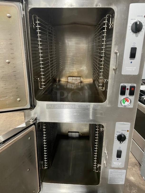 Cleveland Range SteamCraft Power-10 dual compartment convection steamer, stainless steel, model 24CGP10, with boiler base.