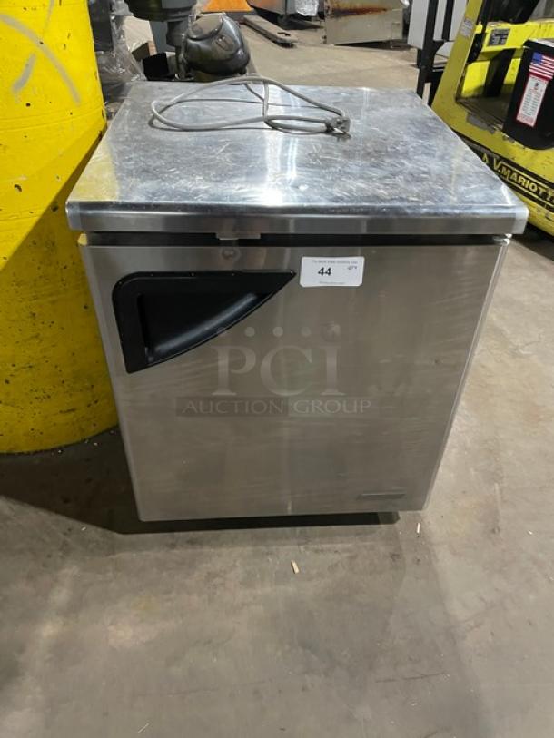 True Super Deluxe TUF-28SD commercial stainless steel undercounter freezer, single door, poly coated wire rack, on casters.