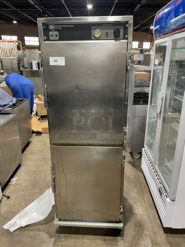 Henny Penny HC900 stainless steel electric heated holding cabinet with half door, built-in pan slides, model HC-900, on casters.