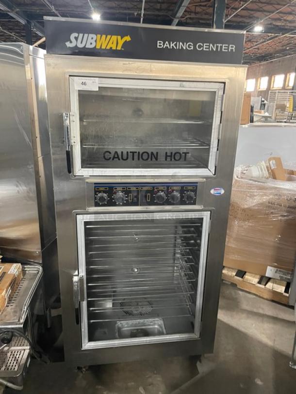 Nu-Vu SUB123 Subway Style double deck oven/proofer combo, stainless steel, wired racks, 208V 3+N phase, on casters, "Caution Hot" label.