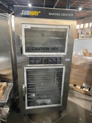 Nu-Vu Subway Style Commercial Stainless Steel Electric Powered Double Deck Oven/Proofer Combo! With Wired Oven Racks! Model: SUB123 SN: 00342436060400010001! 208V 3+N Phase! On Casters! WORKING WHEN REMOVED! - Item #1207777
