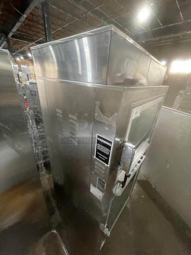 Nu-Vu SUB123 stainless steel electric double deck oven/proofer combo on casters, with wired racks, Model: SUB123, SN: 00342436060400010001.