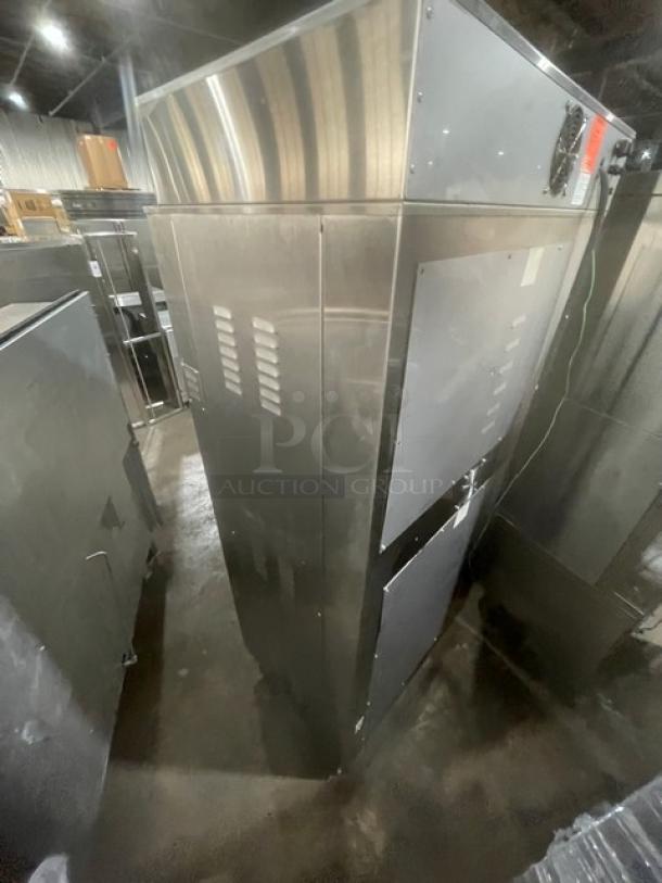 Nu-Vu Subway Style stainless steel electric double deck oven/proofer, Model SUB123, with wired racks, on casters.