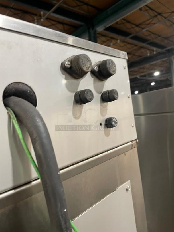 Nu-Vu SUB123 stainless steel electric double deck oven/proofer, controls shown, on casters, 208V 3+N phase.