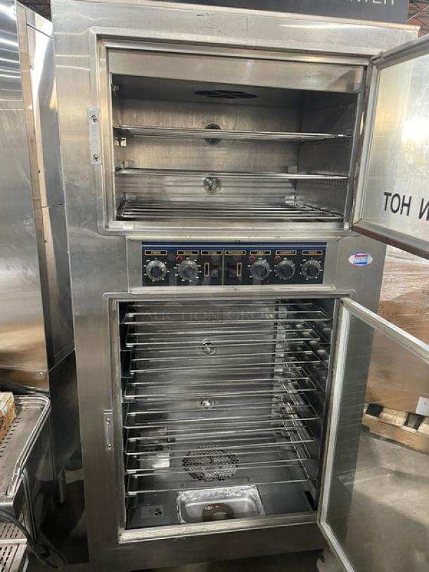 Nu-Vu SUB123 stainless steel double deck oven/proofer combo, electric, model SUB123, with wired racks, 208V, on casters.