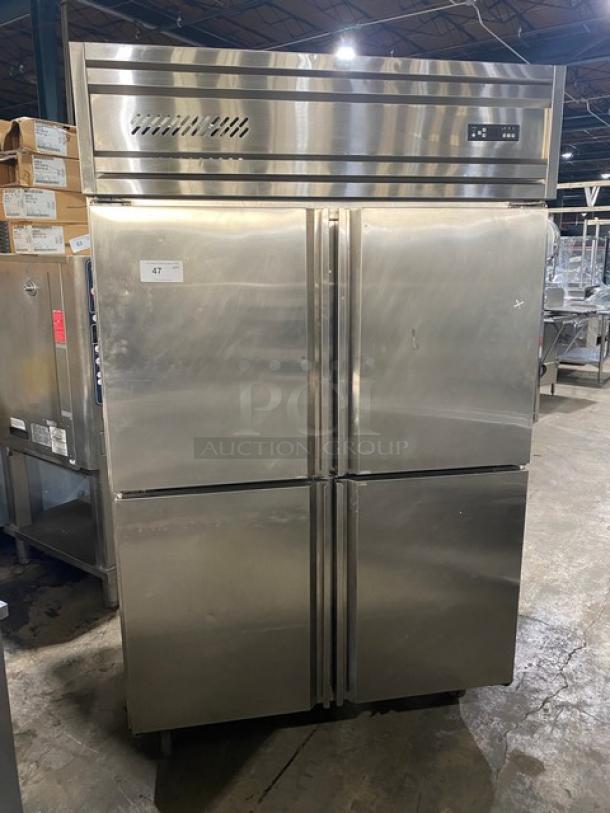 Commercial stainless steel double half-door reach-in refrigerator with poly-coated wire rack on casters, in good condition.