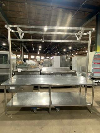 Commercial Stainless Steel Single Undershelf Worktop Table! With Overhead Pots & Pans Rack! With Single Pull-Out Storage Drawer! On Legs! - Item #1208025