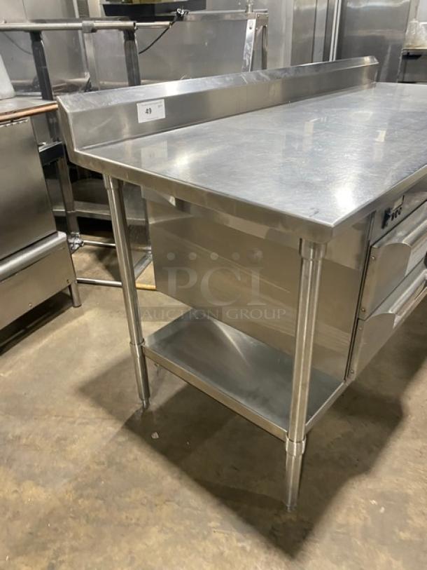 Custom commercial stainless steel undershelf table with Alto-Shaam Halo Heat 500-2DN warming drawer, on legs, 120V.