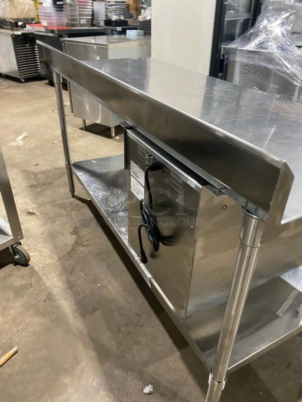 Custom stainless steel worktop table with Alto-Shaam 500-2DN warming drawer, 120V 1-phase, on legs, SN: 1731959-000.