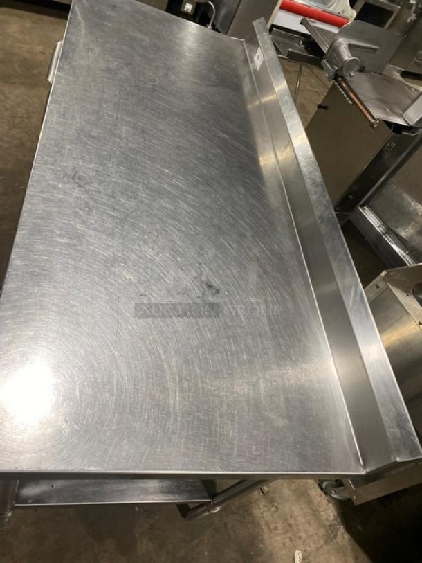 Custom stainless steel worktop table with undershelf and Alto-Shaam 500-2DN warming drawer, on legs, in good condition.