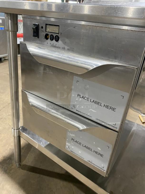 Custom stainless steel worktop table with Alto-Shaam Halo Heat 500-2DN warming drawer, 120V, undershelf, on legs.