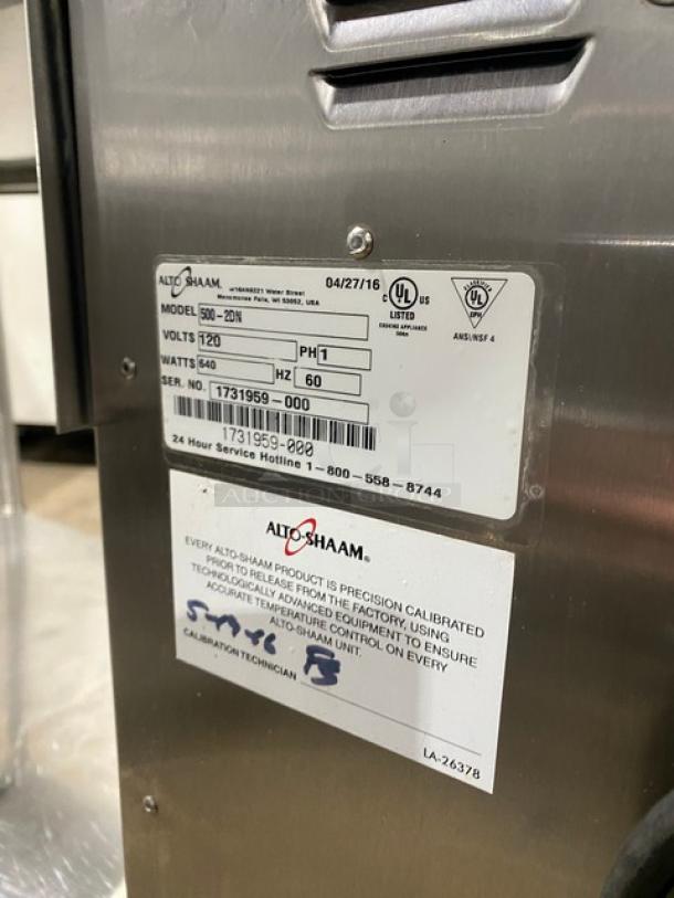 Custom stainless steel worktop table with Alto-Shaam 500-2DN warming drawer, model 500-2DN, 120V, on legs. Serial: 1731959-000.