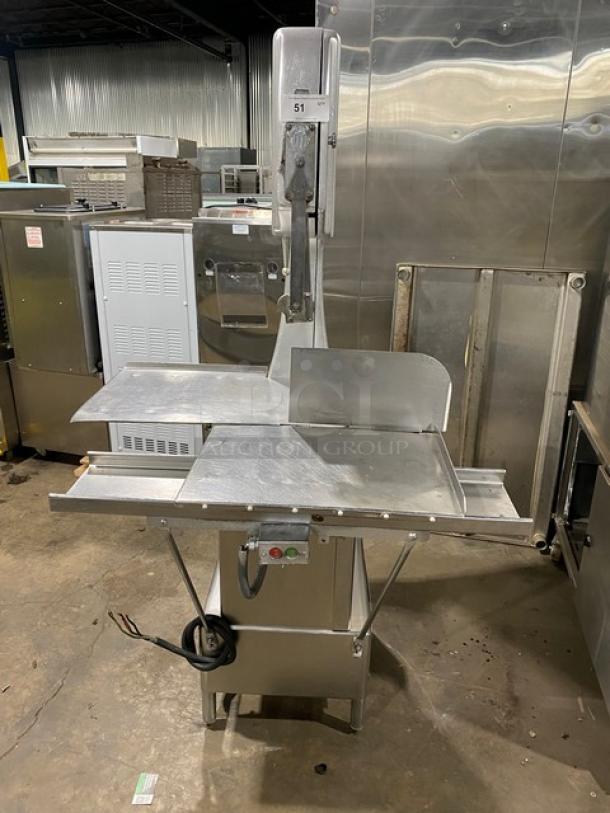 Butcher Boy stainless steel electric meat band saw on legs, commercial-grade, heavy-duty, excellent condition, model 51.